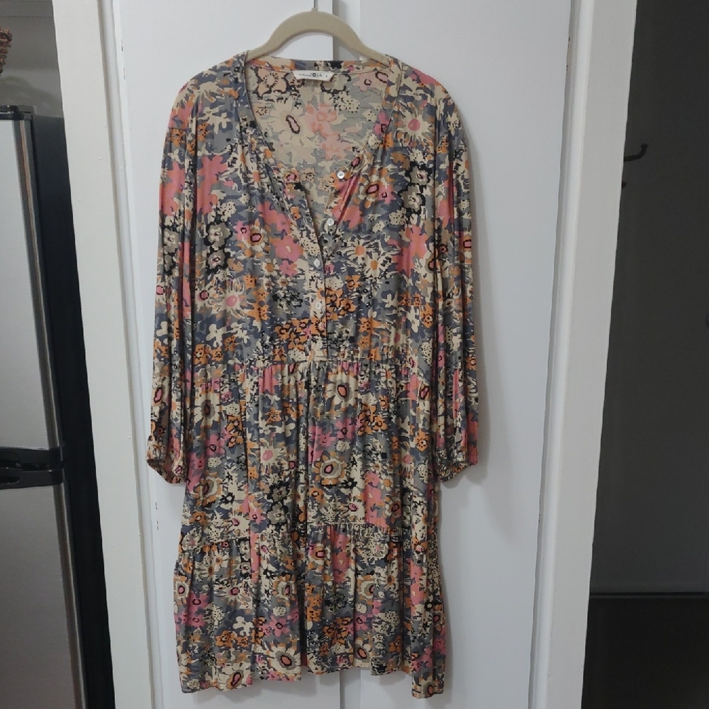 NATURAL LIFE Pink and Gray Floral Long Sleeve Dress